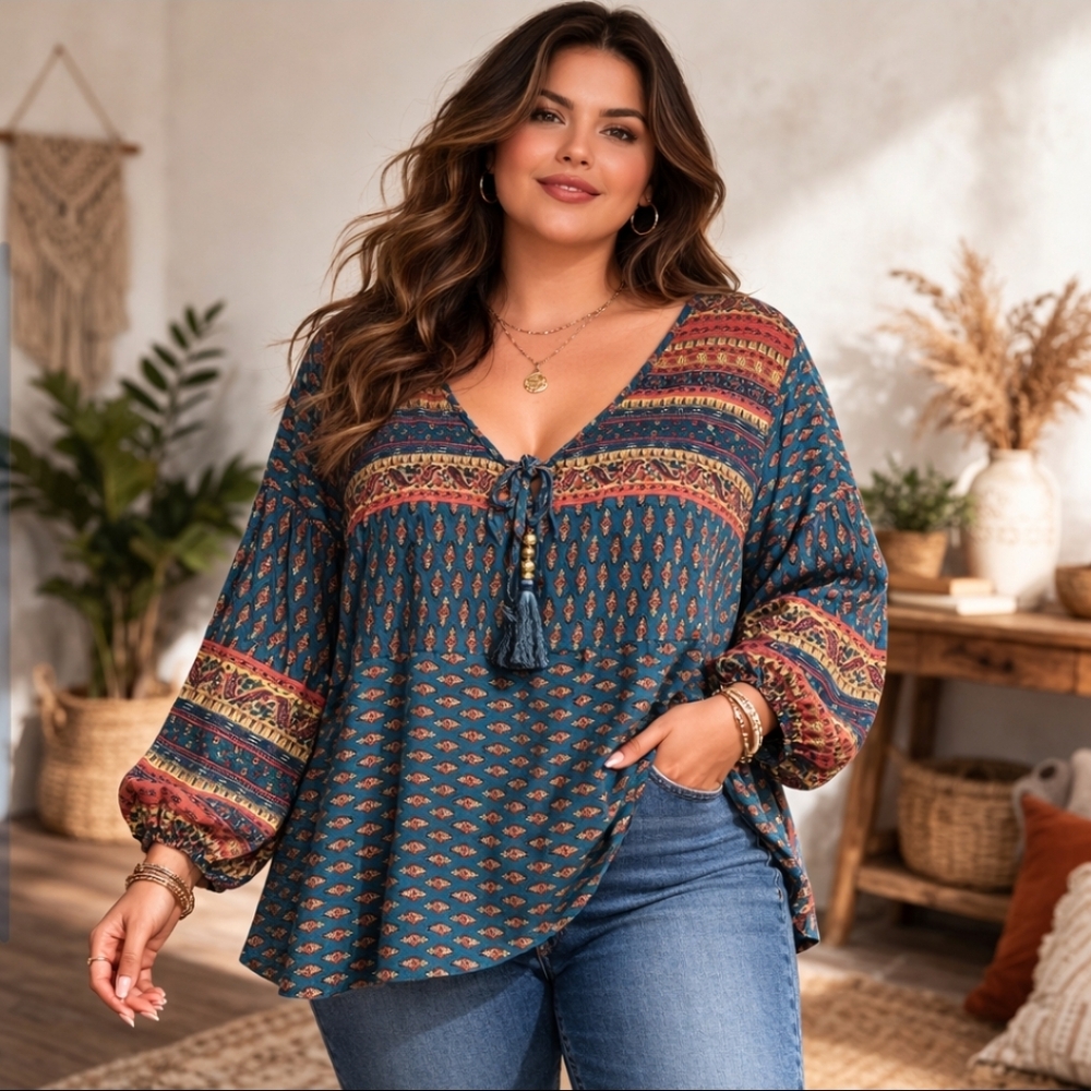 Lascana Venus Boho Paisley Print Tassel Tie Top Blouse LS Tunic Sz. 3X Festival